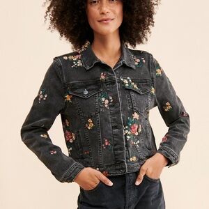 DRIFTWOOD Black Denim Jacket with Floral Embroidery